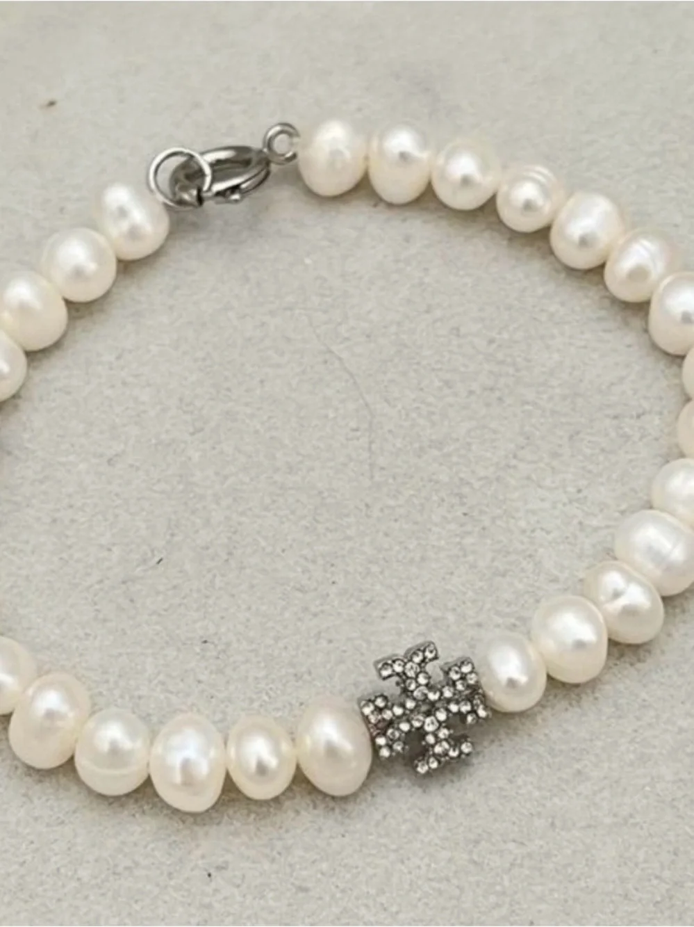 Tory Burch White Freshwater Pearl Bracelet with Crystal Logo Accent